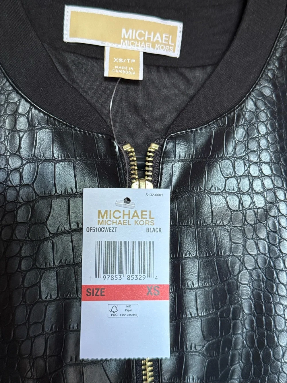 Michael Kors Black Croc-Embossed Faux Leather Front Jacket